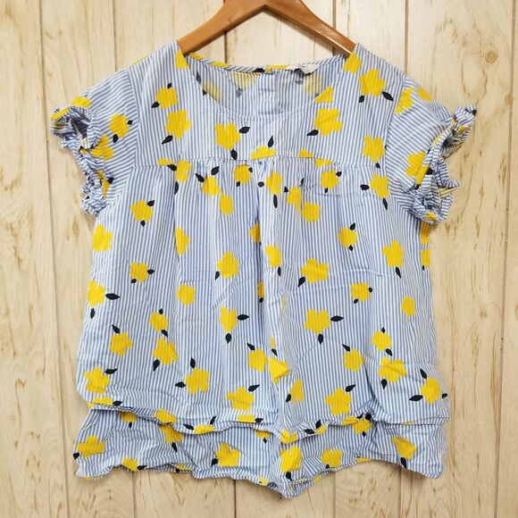 crown & ivy Tops - Crown & Ivy Blue striped yellow flower layered blouse L